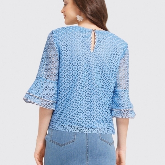 DRAPER JAMES Gingham Lattice Bell Sleeve Pullover Top in Magnolia White - Picture 3 of 14